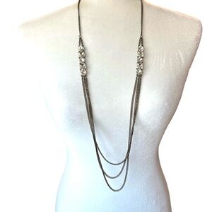 Brass Style Chain Long Necklace with a Column of Large Clear Crystal Stone